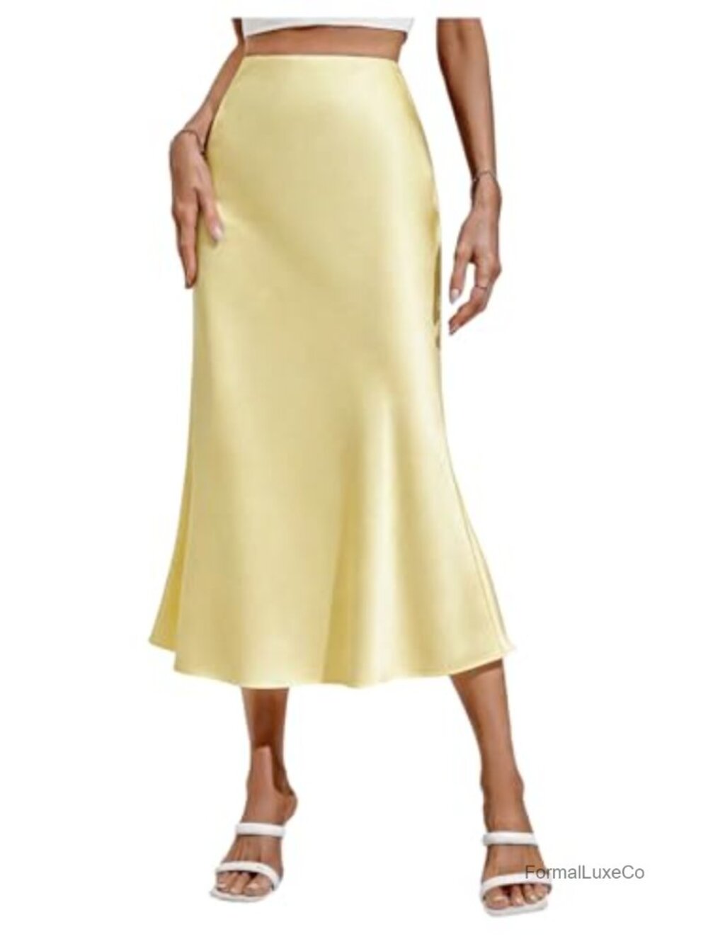 Satin High Waisted Flared Hem Fishtail Midi Skirt